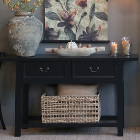 Consola neagra, cu 2 sertare, din lemn de pin reciclat, aspect rustic, Marseille
