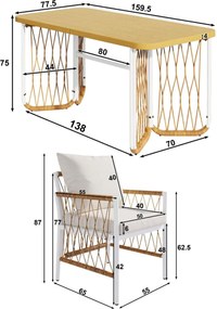 Set modern de mobilier de grădină, 7 piese, cadru alb din fier cu cotiere împletite, 1 masă+6 scaune, Bej+Culoare naturală