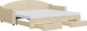 vidaXL Pat de zi cu extensie și sertare, crem, 90x200 cm, textil