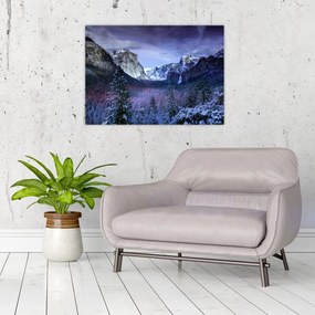 Tablou pe sticlă cu peisaj montan iarna (70x50 cm)