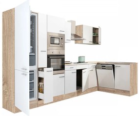 Mobilă de bucătărie de colț Yorki 370, corp din stejar Sonoma, față alb satinat, frigider sub blat