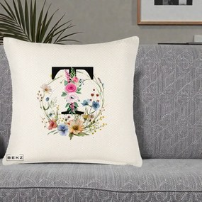 Cadou Personalizat - Perna Personalizata Monogram Litera T cu Flori Acuarela, 40x40 cm, Crem Reliefat, Husa Detasabila, Perna Inclusa, BEKZ®