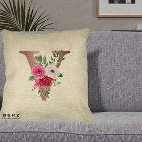 Cadou Personalizat - Perna Personalizata Monograma Rose Gold Litera V, 40x40 cm, Crem, Husa Detasabila, Perna Inclusa, BEKZ®