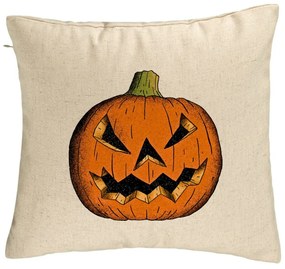 Perna Decorativa cu motiv Dovleac de Halloween 2, 40x40 cm, Bej, Husa Detasabila, Burduf