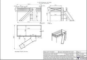Pat semi-supraetajat pentru copii SCOTT, alb, 90 x 200 cm, din pin scandinav masiv, 3 buzunare, tobogan și perdea de joacă BIRDY, opțional cu sertare