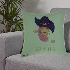 Perna Personalizata Zodiac Balanta Cowgirl, 40x40 cm, Verde, Husa Detasabila, Perna Inclusa, BEKZ®