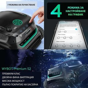 Robot curatare piscine fara fir Wybot S2, 91W, Pentru pana la 300 m², SMART, 3 moduri, Auto-parcare, Auto-revers, IPX8, Gri