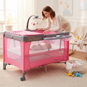 Patut Pliabil si Tarc copii Baby Care™ PRO FMAT, 2 Niveluri de inaltime, Cu melodii si Masa infasat, Carusel cu jucarii din plus, Plasa insecte, Roz