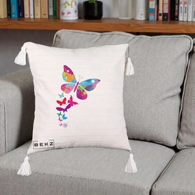 Perna Decorativa Fluturi Splash, 40x40 cm, Bej cu Franjuri, Husa Detasabila, Perna Inclusa, BEKZ®