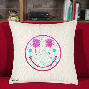 Perna Decorativa Smiley Face Tropical Glitter Roz, 40x40 cm, Crem Reliefat, Husa Detasabila, Perna Inclusa, BEKZ®