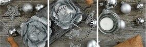 Tablou - decorațiuni argintii de Crăciun (cu ceas) (90x30 cm)