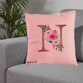 Cadou Personalizat - Perna Personalizata Monograma Rose Gold Litera N, 40x40 cm, Roz, Husa Detasabila, Perna Inclusa, BEKZ®