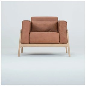 Fotoliu din piele bovină cu structură din lemn masiv de stejar Gazzda Fawn, maro cognac