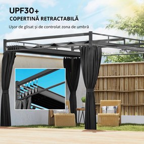 Outsunny Gazebo Pergolă 3x3 m cu Acoperiș Retractabil Glisant, 4 Pereți Laterali, Orificii de Drenare, Pergolă de Grădină din Poliester și Oțel, pentru Terasă, Curte, Exterior, UV30+, Gri Închis | Aosom Romania