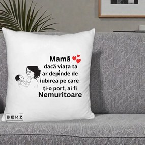 Cadou pentru Mama - Perna Personalizata Mama Nemuritoare Imbratisare Copil, 40x40 cm, Alb Pufos, Husa Detasabila, Perna Inclusa, BEKZ®