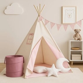 Cort Teepee pentru copii, roz / bej, cu accesorii + steag