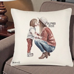 Cadou pentru Mama - Perna Personalizata Super Mom Acuarela, 40x40 cm, Crem Reliefat, Husa Detasabila, Perna Inclusa, BEKZ®