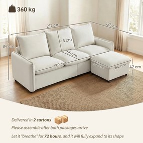 Set Canapea 3 Locuri, HOMCOM, Leathaire, 212x125x84cm, Crem | Aosom Romania