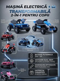 Kart Electric 2-in-1 NOVOKIDS TransformX, transformabil in masinuta electrica copii, baterie 24V, 2 motoare 380W, Roti EVA, Lumini LED, Muzica, Roz