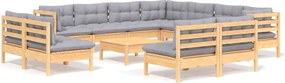 vidaXL Set mobilier de grădină cu perne, 12 piese, gri, lemn masiv pin