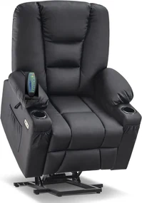 RESIGILAT- Fotoliu Electric Power Lift&Recliner, ridicare și rabatare, masaj și incalzire, porturi USB, suporturi pentru pahare, buzunare laterale, telecomenzi, PU, Negru