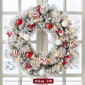 HOMCOM Coroniță de Crăciun Înzăpezită, 60 cm, cu Lumini LED, 8 Moduri, 140 Ramuri, 8 Fructe Roșii și 15 Globuri Decorative, Verde | Aosom Romania
