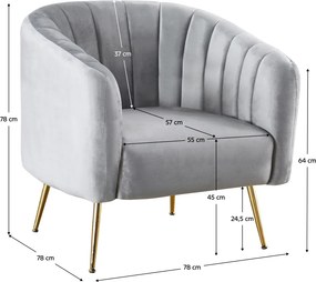 Fotoliu de design, ţesătură Velvet gri/gold crom-auriu, BAGY