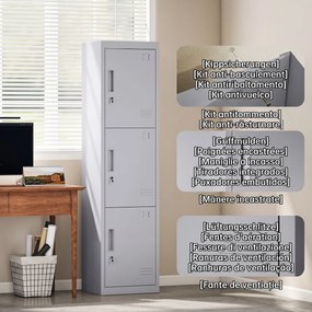 HOMCOM Dulap de birou din oțel cu 3 uși independente cu încuietoare și 2 chei, 45x38x180 cm, gri deschis | Aosom Romania