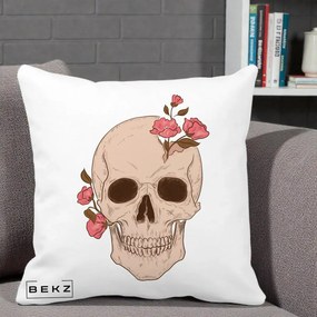 Perna Decorativa Craniu Floral Gothic, 40x40 cm, Alba Mata, Husa Detasabila, Perna Inclusa, BEKZ®