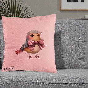 Perna Decorativa Pasare Bleu cu Fundita Roz, 40x40 cm, Roz, Husa Detasabila, Perna Inclusa, BEKZ®