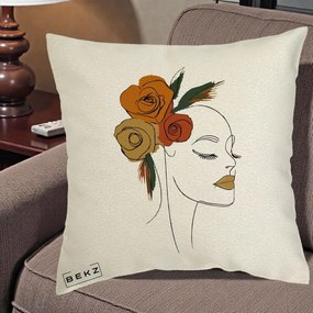 Perna Decorativa Portret Feminin Trandafiri Ruginii, 40x40 cm, Ecru, Husa Detasabila, Perna Inclusa, BEKZ®