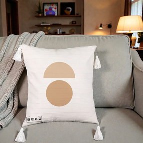 Perna Decorativa Geometric Minimalist Auriu, 40x40 cm, Bej cu Franjuri, Husa Detasabila, Perna Inclusa, BEKZ®