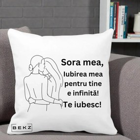 Cadou pentru Sora - Perna Personalizata Sora Mea Te Iubesc Imbratisare din Spate Line Art, 40x40 cm, Alba Mata, Husa Detasabila, Perna Inclusa, BEKZ®