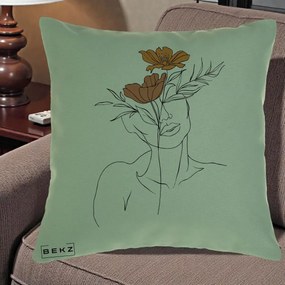 Perna Decorativa Portret Feminin Doua Flori, 40x40 cm, Verde, Husa Detasabila, Perna Inclusa, BEKZ®