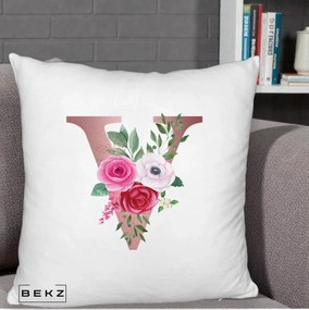 Cadou Personalizat - Perna Personalizata Monograma Rose Gold Litera V, 40x40 cm, Alb Pufos, Husa Detasabila, Perna Inclusa, BEKZ®