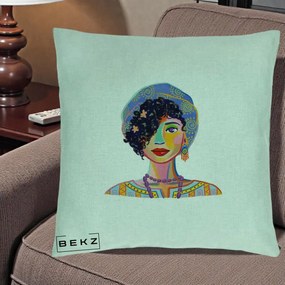 Perna Decorativa Portret Femeie Etnic Colorat, 40x40 cm, Verde Menta, Husa Detasabila, Perna Inclusa, BEKZ®