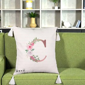 Cadou Personalizat - Perna Personalizata Monograma Rose Gold Litera C, 40x40 cm, Bej cu Franjuri, Husa Detasabila, Perna Inclusa, BEKZ®