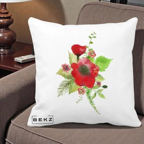 Perna Decorativa Buchet Rosu Acuarela, 40x40 cm, Alba Mata, Husa Detasabila, Perna Inclusa, BEKZ®