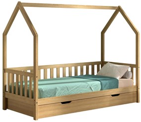 Pat copii pentru copii CABANE tip casa cu gard, stejar, (90 x 200 cm) și sertar.