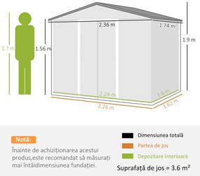 Outsunny Casută de Grădină, Magazie de Exterior pentru Unelte cu 2 Uși Culisante și 4 Prize de Aerisire, 236x174x190 cm, Gri | Aosom Romania