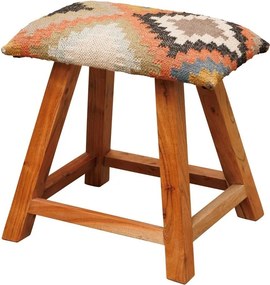 Taburet kilim din iută, lână și lemn de mango, multicolor, cu romb în trepte și picioare înclinate, 45 x 45 x 35 cm, „Winter Killim”