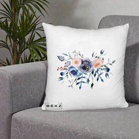 Perna Decorativa Buchet Flori Albastre Acuarela, 40x40 cm, Alb Pufos, Husa Detasabila, Perna Inclusa, BEKZ®