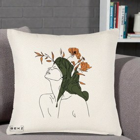 Perna Decorativa Portret Feminin Profil Flori Portocalii, 40x40 cm, Crem Reliefat, Husa Detasabila, Perna Inclusa, BEKZ®