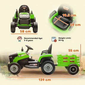 AIYAPLAY Tractor Electric 2 în 1 pentru Copii 3-8 Ani 12V cu Remorcă Detașabilă, Mașină Electrică pentru Copii cu Telecomandă, Centură de Siguranță, Muzică, Lumini LED și Claxon, Verde | Aosom Romania