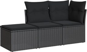 vidaXL Set mobilier de grădină cu perne, 3 piese, negru, poliratan