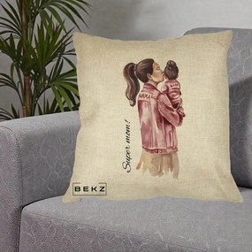 Cadou pentru Mama - Perna Personalizata Super Mom Jachete Roz, 40x40 cm, Crem, Husa Detasabila, Perna Inclusa, BEKZ®