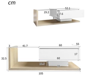 Măsuță de Cafea Modernă din Lemn cu Sticlă și LED, 105x55x32,5 cm, Naturală