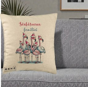 Perna Decorativa Flamingo Craciun Sarbatoarea Familiei, 40x40 cm, Bej, Husa Detasabila, Perna Inclusa, BEKZ®