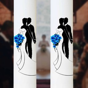 Set 2 Lumanari Nunta Mire si Mireasa cu buchet albastru 7 cm, 50 cm