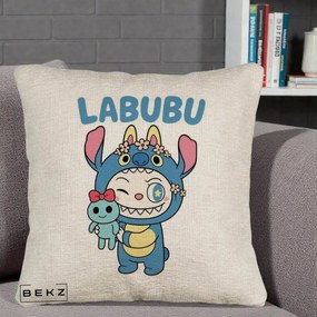 Perna Personalizata Labubu x Stitch cu Flori, 40x40 cm, Bej Canapea, Husa Detasabila, Perna Inclusa, BEKZ®